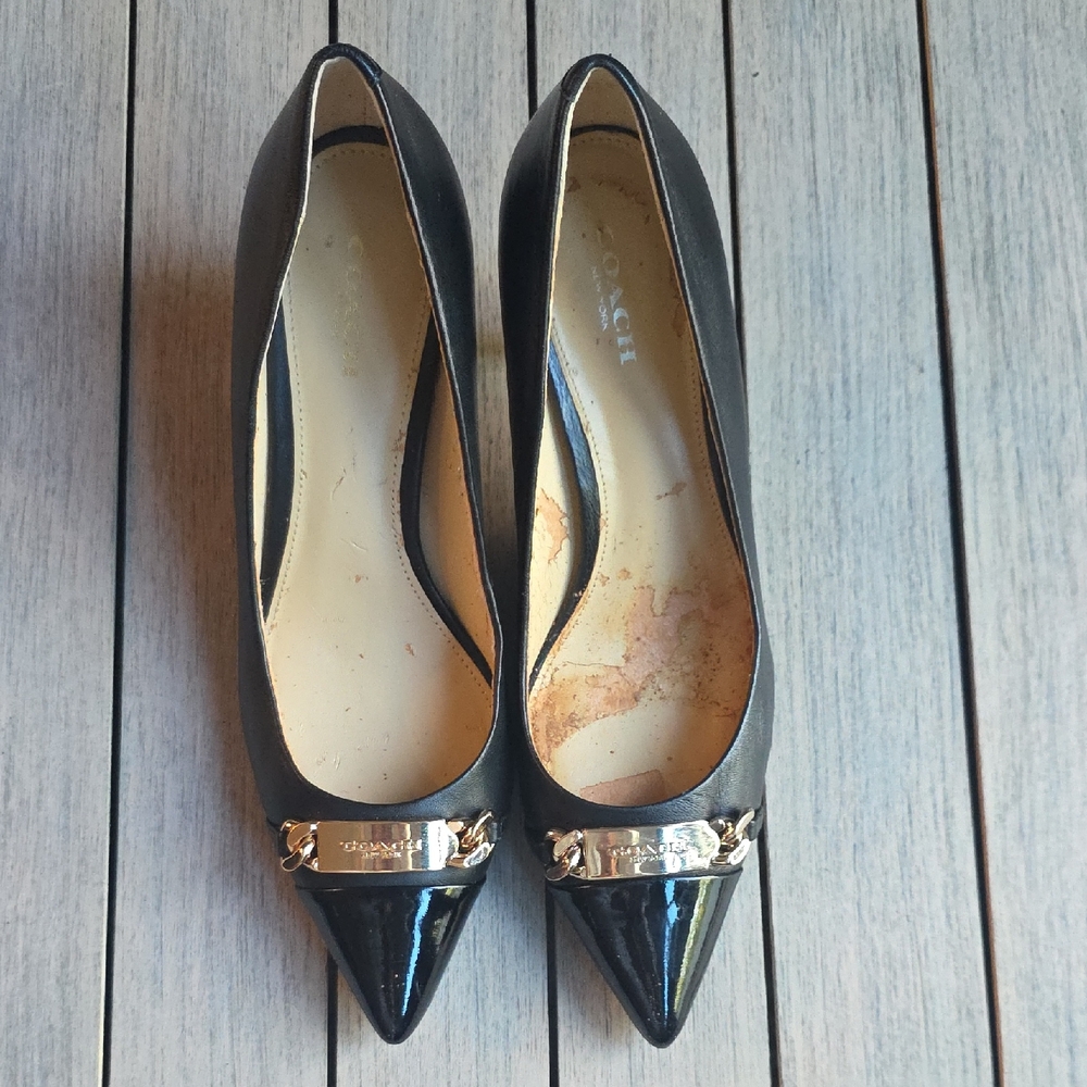 Coach Bowery Glove Leather & Patent Black Kitten Heels with Gold Hardware